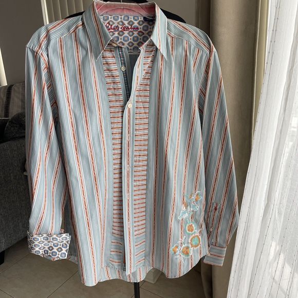 Robert Graham Other - Robert Graham Contrast Flip Cuff Teal Orange Blue Striped Floral Embroidered L